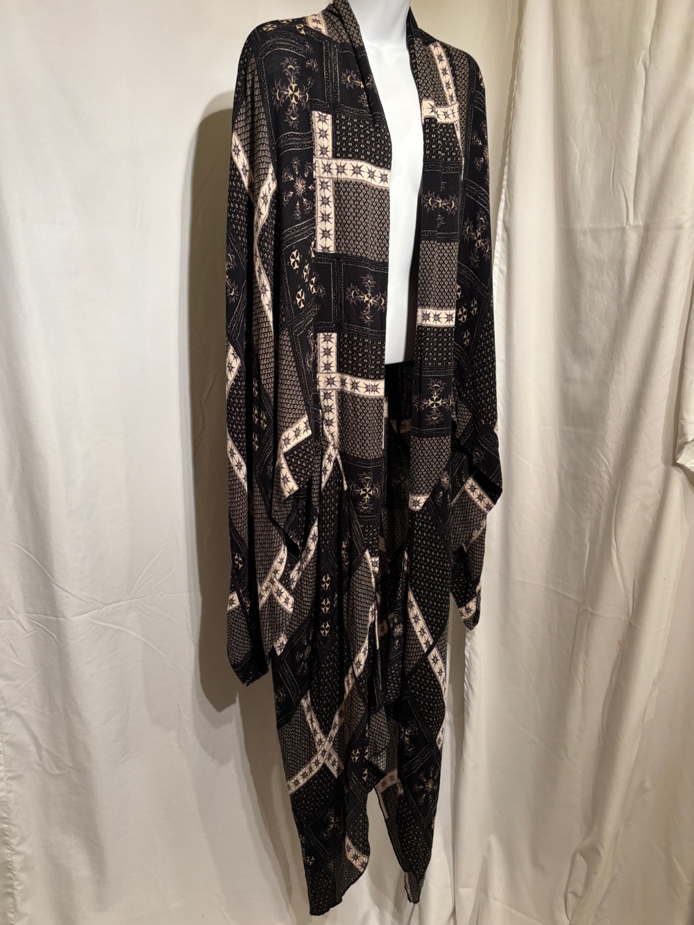 Free People Open Front Black & Cream Patterned Women's Drape Coat-Sz. md/lg
